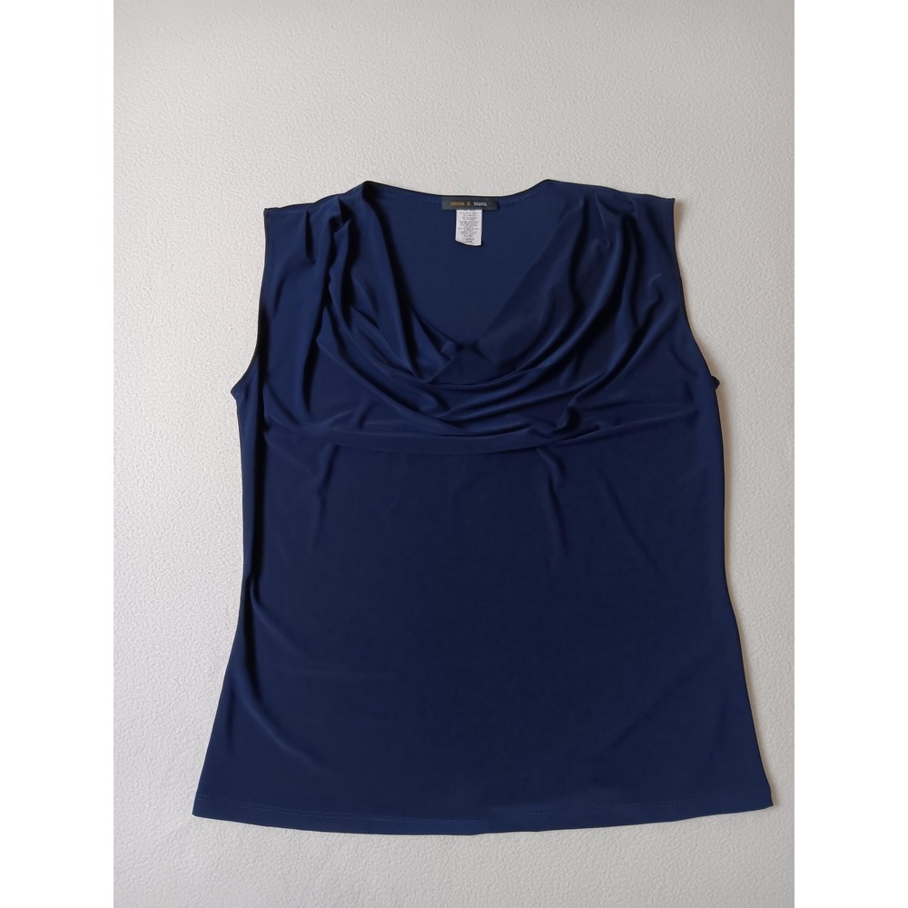 Jennie & Marlis Tank Womens L Blue Cowl Neck Jersey Stretch Easy Care Top